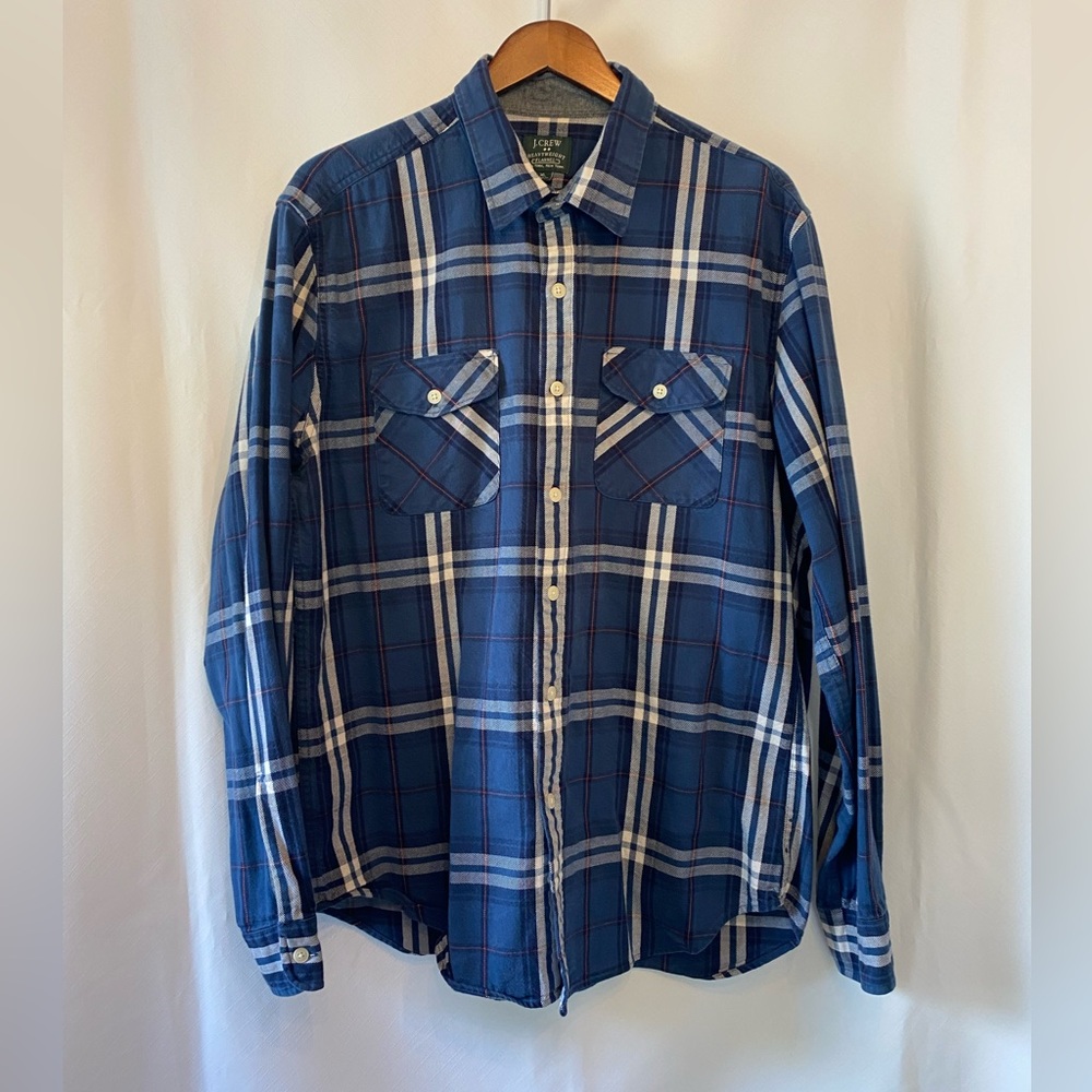 J. Crew 100% Cotton Blue Heavyweight Flannel Hipster Button Up Shirt XL Workwear